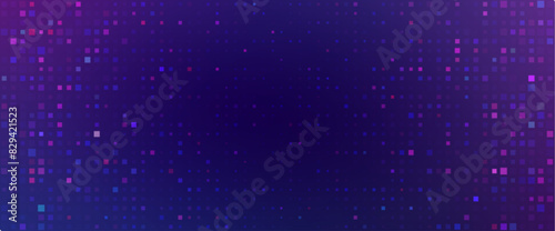 Purple abstract pixel texture bg video screen. Tv pattern background with square noise effect. Futuristic broadcast neon gradient banner for television. Modern vhs led static display element © klyaksun