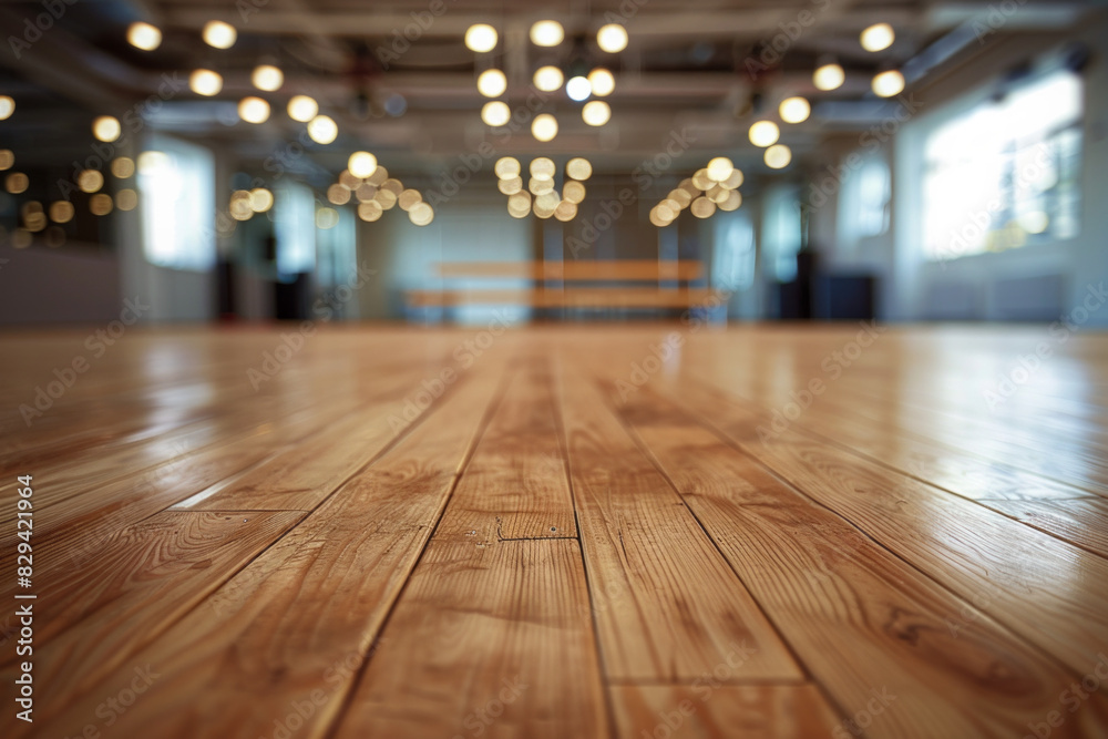 A wooden dance floor in the foreground with a blurred background of a dance studio. The background includes mirrors covering the walls. A wooden dance floor in the foreground with a blurred background of a dance studio. The background includes mirrors covering the walls.