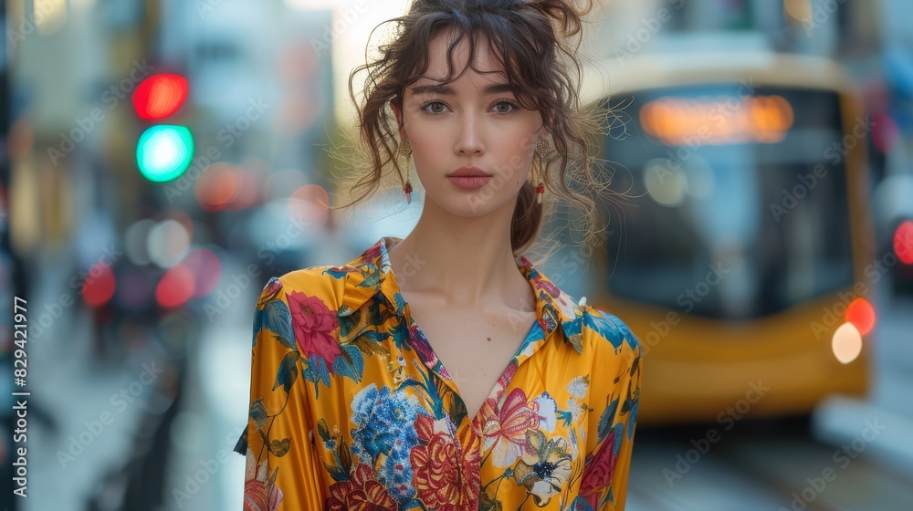 A striking, modern fashion model graces the urban streetscape created with Generative AI technology A striking, modern fashion model graces the urban streetscape created with Generative AI technology