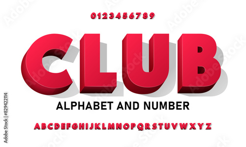Red volumetric 3D font with gradients. Red chic bright bold 3D alphabet with symbols and numbers.
