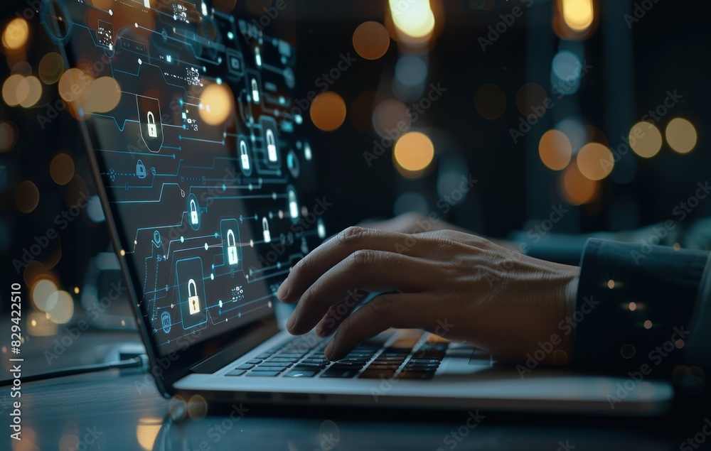 Close-up of businessman working on laptop with padlock icons emphasizing digital security. Close-up of businessman working on laptop with padlock icons emphasizing digital security.