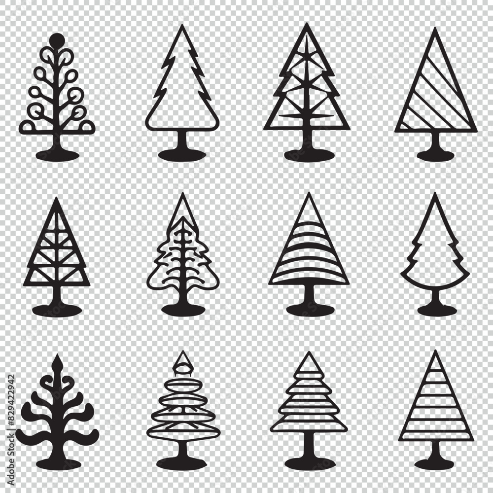 Simple christmas pine tree icons set, black vector illustration on transparent background