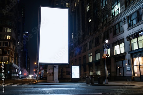 Illuminated White Vertical Billboard in Empty City Street at Night