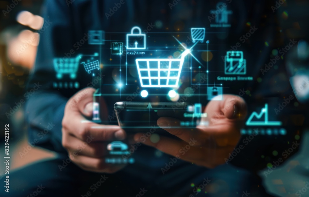 Seamless online retail journey with shopping cart icon and hologram icons. Seamless online retail journey with shopping cart icon and hologram icons.