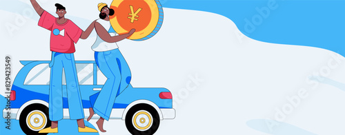 Vector Internet operation hand-drawn illustration of people getting discounts for refueling their cars 