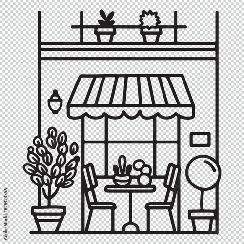 Simple courtyard shopping house icon, black vector line art design on transparent background