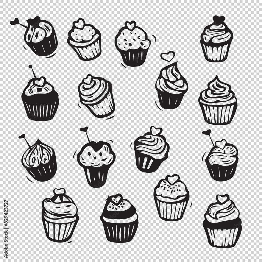 Cupcake doodle design set, black vector illustrations on transparent background Cupcake doodle design set, black vector illustrations on transparent background