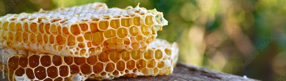 Golden Honeycomb Close-Up with Dripping Honey
