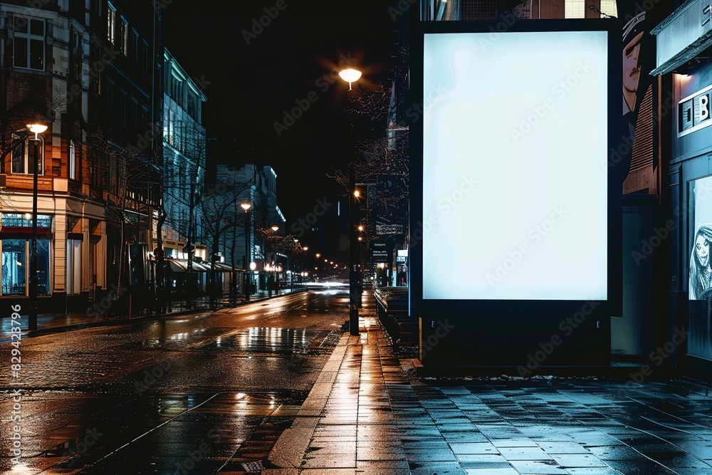 Illuminated White Vertical Billboard in Empty City Street at Night