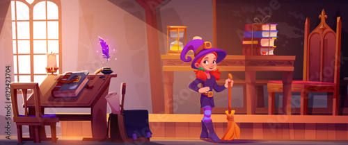 Magic wizard school interior with kid girl witch in hat and with broom stick. Cartoon vector cute little student standing inside classroom with blackboard and teacher desk, table and chair, books.