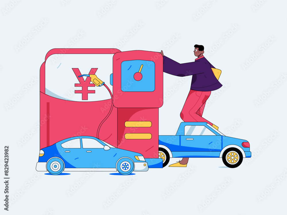 Fototapeta premium Vector Internet operation hand-drawn illustration of people getting discounts for refueling their cars 