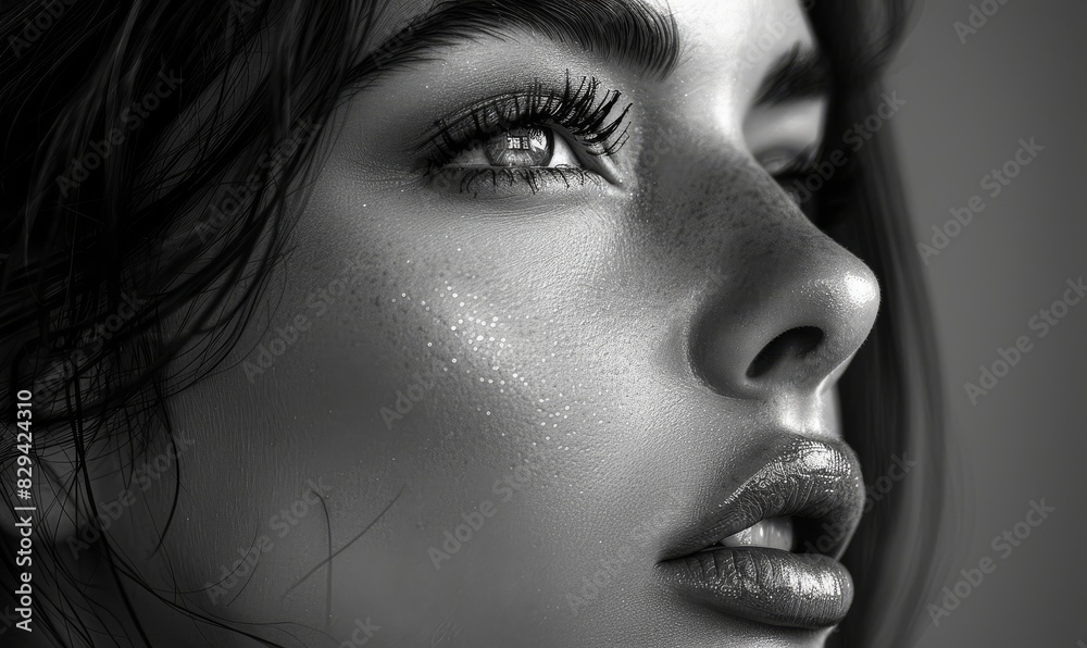 beautiful woman, side face, long eyelashes, shiny lips, black and white created with Generative AI technology beautiful woman, side face, long eyelashes, shiny lips, black and white created with Generative AI technology