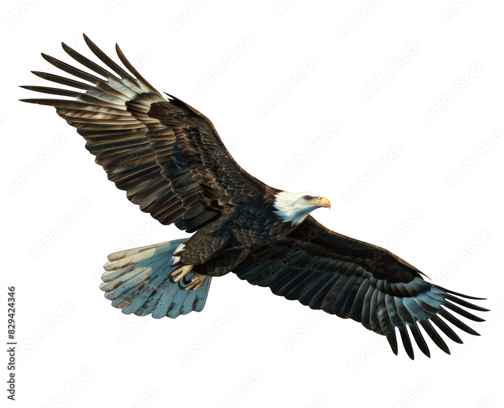 Fototapeta premium A bald eagle flying in the sky with its wings spread wide on transparent background, png.