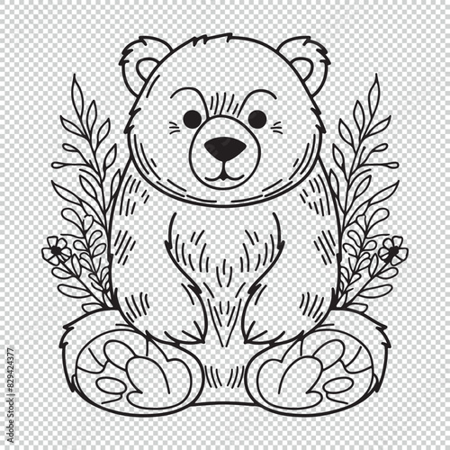Cute bear with floral design elements, black vector illustration on transparent background
