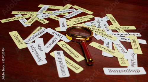 English vocabulary cards on wooden table