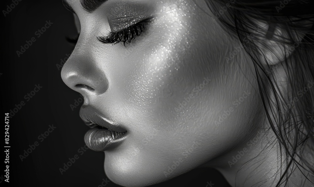 beautiful woman, side face, long eyelashes, shiny lips, black and white created with Generative AI technology