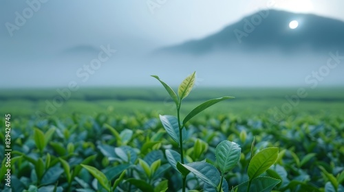  A green plant in a field facing a mountain in the background  distant and clear Foreground presents a foggy  misty sky