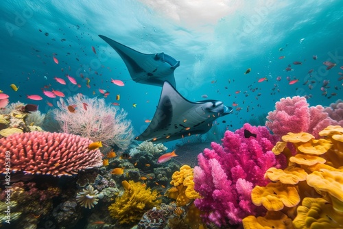 A colorful reef scene with a majestic manta ray swimming overhead