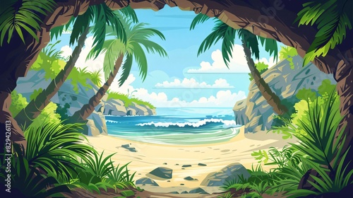 illustration beach view with palm and stone the view from inside cave looking at water landscape