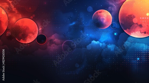  A group of red and blue balls float against a backdrop of intermingled blue and red clouds The scene is completed by a half-moon hovering in the night sky, positioned photo