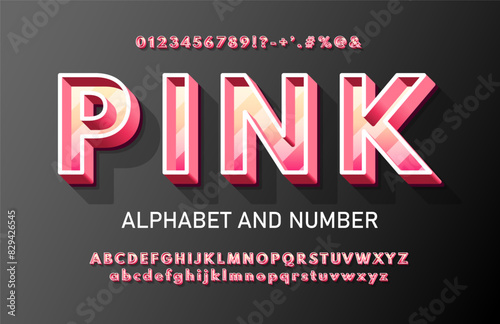 Modern pink volumetric 3d alphabet with a thin outline and stripes inside. Chic urban 3D font with signs, symbols and numbers.