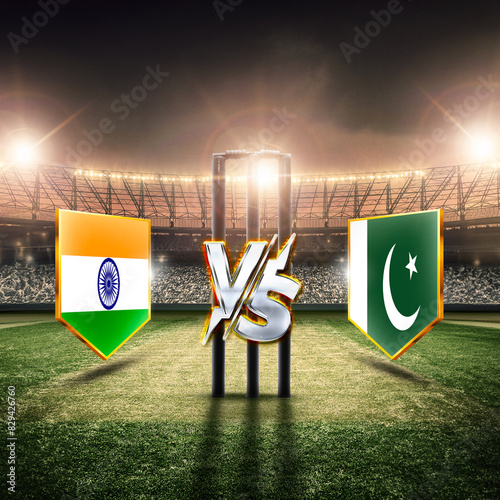 India vs Pakistan cricket balls with flag and stadium. 3d illustration.