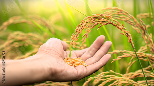 A farmer's hand delicately showcasing a single stalk of Thai rice with golden grains, blurred background of a green rice field.Generative ai illustration.