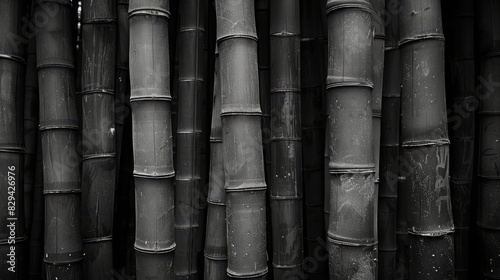  A black-and-white image of a tall bamboo grove Top and bottom of poles exhibit peeling white paint photo