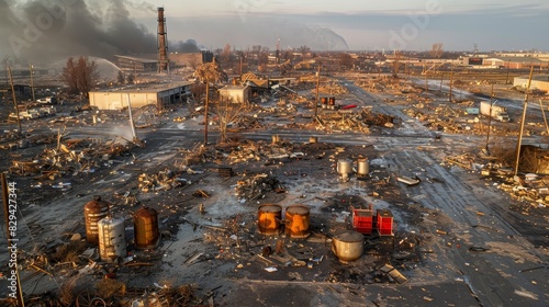 Aerial perspective of a factory yard with organized propane tanks, debris everywhere, and a devastating tornado ripping through the area photo