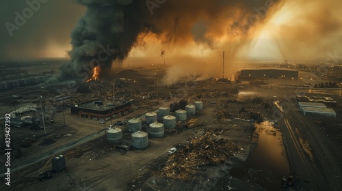 Aerial shot of a factory yard with neatly arranged propane tanks, debris from the surrounding area, and a massive tornado approaching from the horizon photo