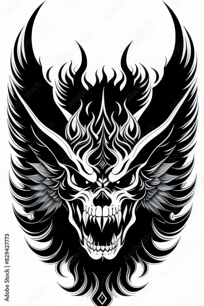a black and white tattoo illustration of a devil head, halloween a black and white tattoo illustration of a devil head, halloween
