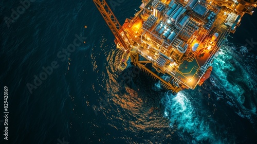 Top view of a large oil rig at night, illuminated by floodlights, with the dark water reflecting the structure's lights and activity on the deck