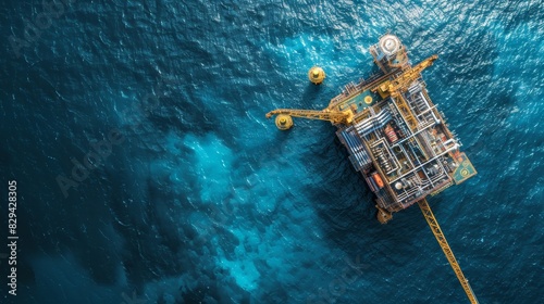 Top view of an offshore oil rig surrounded by deep blue waters, with drilling equipment and pipelines visible on the deck, under a clear sky