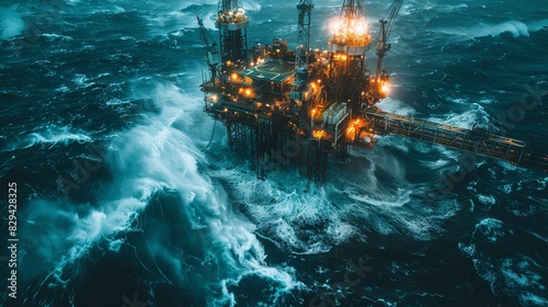 Top view of an oil platform in a stormy ocean, heavy waves hitting the structure, and lights glowing brightly from the rig's towers