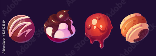 Game candy planet made from sweet dessert. Cartoon vector set of fantasy space galaxy world element for gui level design. Chocolate and caramel, cookie and cake balls. Magic alien yummy planetary.