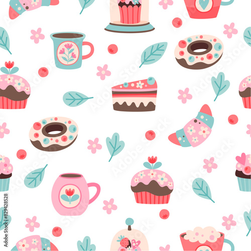 Seamless summer pattern with images of coffee, sweets, cupcakes, macaroons and other sweet elements. Printing on fabric and wrapping paper.
