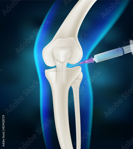 Injection into the knee joint Drug treatment method for alleviating knee injuries in humans. Realistic vector illustration.