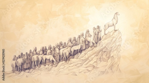 Biblical Illustration: The Lamb and the 144,000, Mount Zion, Singing a New Song, Beige Background, Copyspace