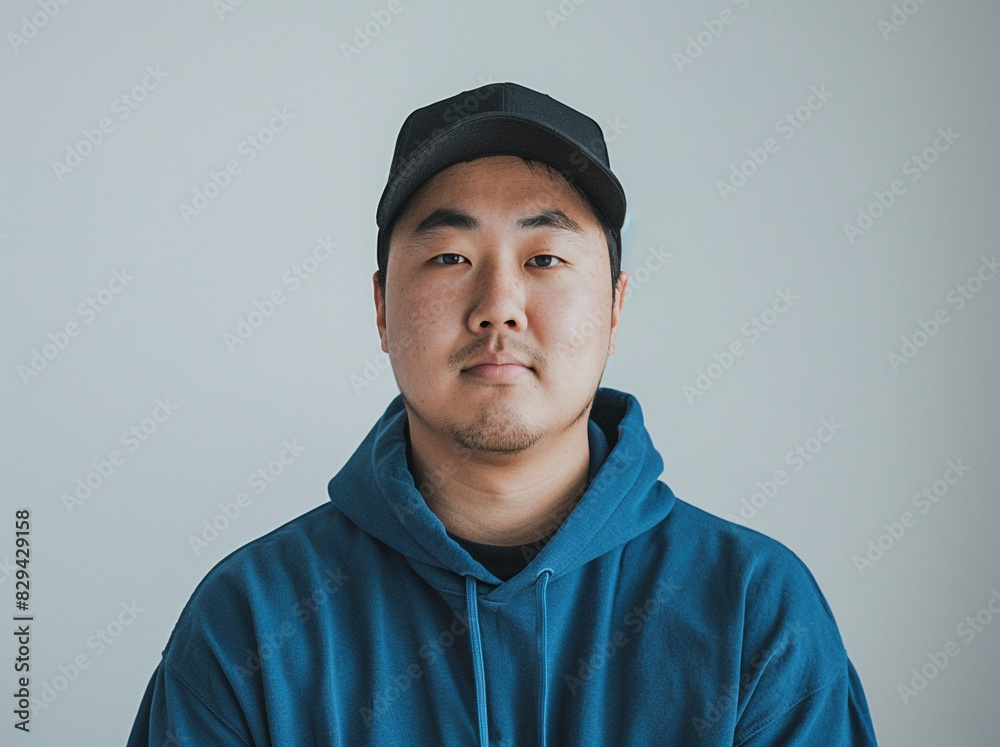 Photo of an Asian man wearing a blue hoodie and black baseball cap, front view, white background, half body shot, soft light, 35mm focal length, portrait photography, simple composition, natural style Photo of an Asian man wearing a blue hoodie and black baseball cap, front view, white background, half body shot, soft light, 35mm focal length, portrait photography, simple composition, natural style