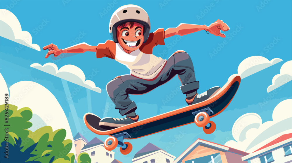 Teen skater on board. Happy boy skateboarding. Urban