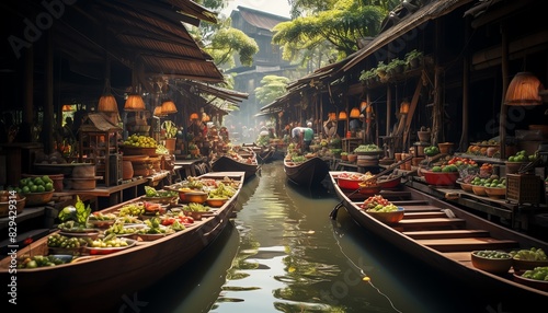 Ultradetailed 8K photo of Thailands floating markets, featuring wooden boats, fresh produce, and lively scenes © Nattapat