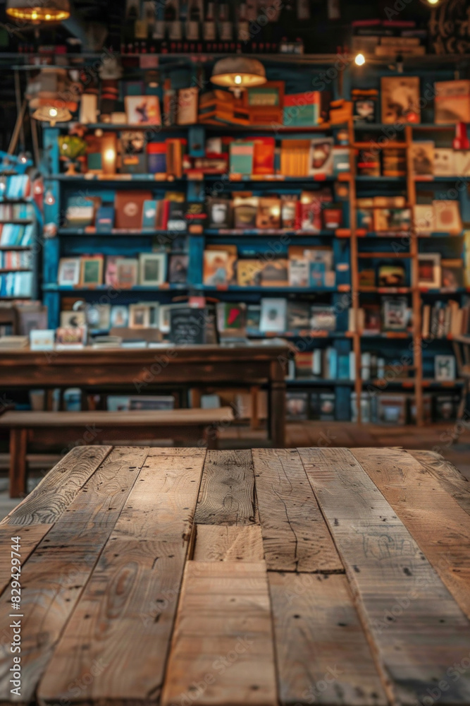 A wooden counter in the foreground with a blurred background of a vintage bookstore. The background includes tall bookshelves filled with old books, and comfortable reading nooks. A wooden counter in the foreground with a blurred background of a vintage bookstore. The background includes tall bookshelves filled with old books, and comfortable reading nooks.