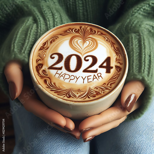 New year 2024 celebrated coffee cup with number 2024 on frothy surface of cappuccino in coffee cup