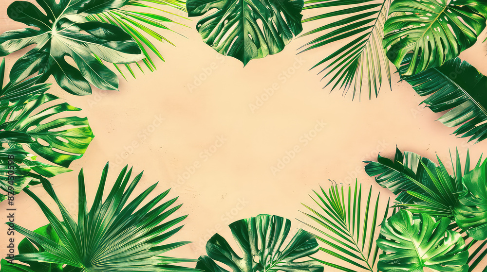 Green tropical leaves frame on beige background AI generated