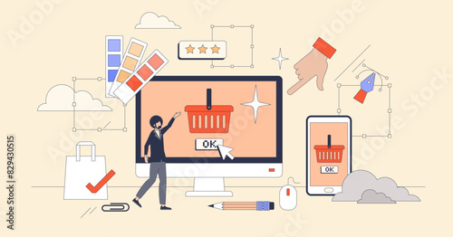 E-commerce website design for webshop UX tiny person neubrutalism concept. Improved user experience with intuitive interface and beautiful color usage for online project vector illustration.