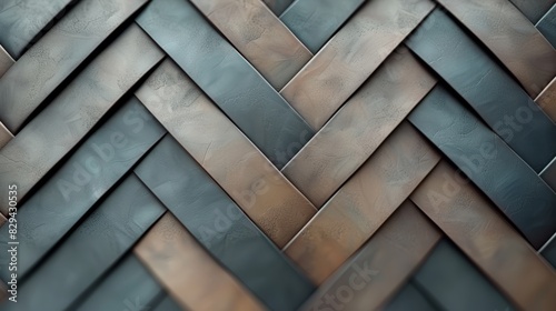  A tight shot of a metallic texture, featuring interwoven squares and rectangles in diverse shades of brown and blue Incorporated background ornament is also present photo