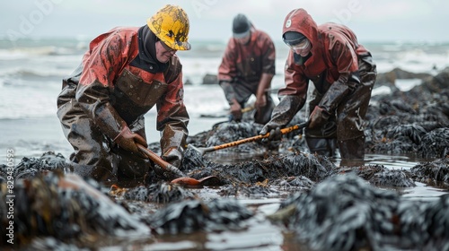 Workers carefully scrubbing crude oil from rocks on a polluted beach, with the ocean waves in the background and oil-stained gloves