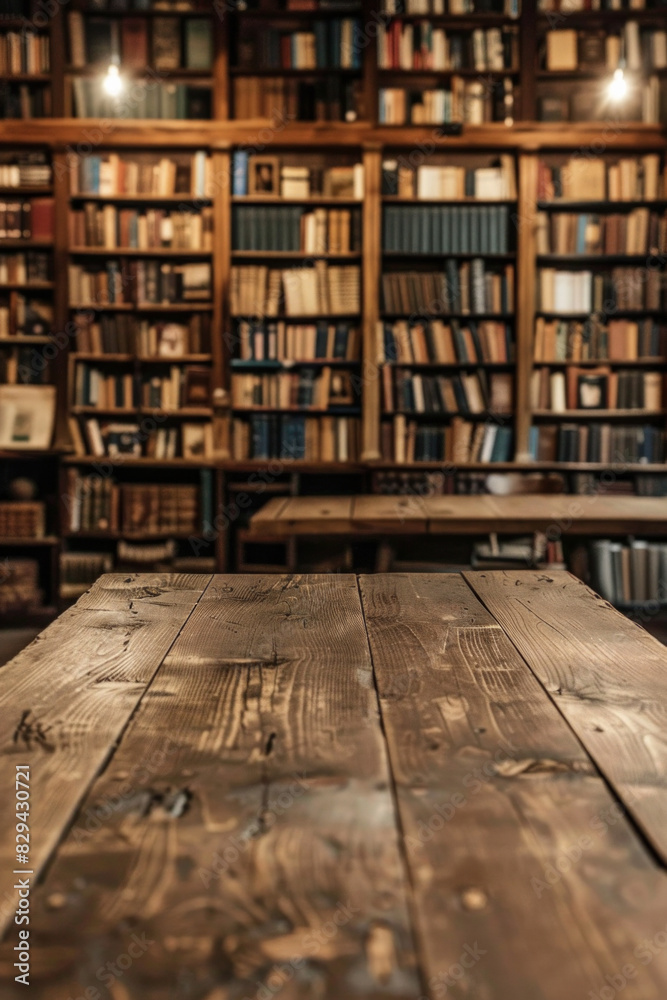 A wooden counter in the foreground with a blurred background of a vintage bookstore. The background includes tall bookshelves filled with old books, and comfortable reading nooks.
