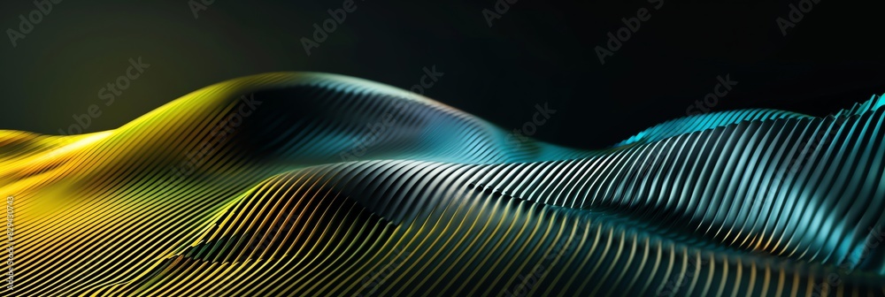 Green and yellow, wave, three-dimensional striped background, black background aspect ratio 3:1, for banner, landing page, website Green and yellow, wave, three-dimensional striped background, black background aspect ratio 3:1, for banner, landing page, website