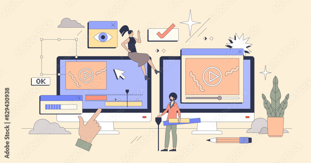 Motion graphics design and filmmaking job tiny person neubrutalism concept. Professional editor and graphic animation creator vector illustration. Studio software or application for art project.